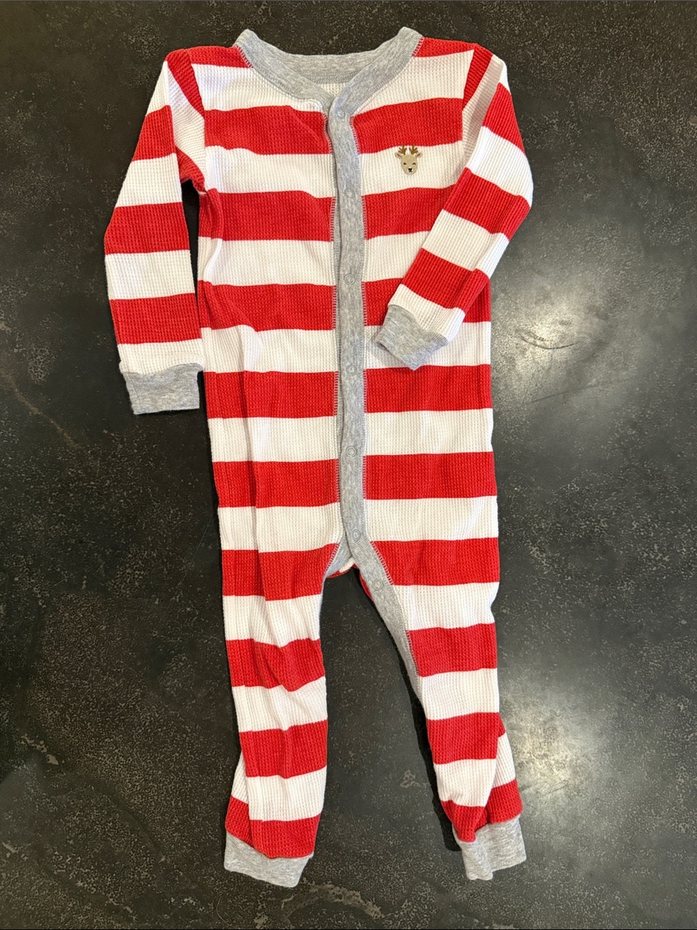 Kids Red & White Stripe One-Piece Pajamas with Grey Trim